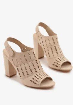 Beżowe Ażurowe Sandały na Słupku Vices ze Skórzaną Wkładką Linetelia