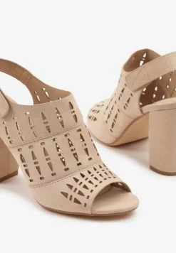 Beżowe Ażurowe Sandały na Słupku Vices ze Skórzaną Wkładką Linetelia