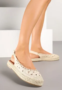 Beżowe Ażurowe Sandały Płaskie w Stylu Espardyli z Odkrytą Piętą i Plecionką Norilne