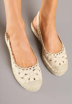 Beżowe Ażurowe Sandały Płaskie w Stylu Espardyli z Odkrytą Piętą i Plecionką Norilne