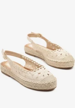 Beżowe Ażurowe Sandały Płaskie w Stylu Espardyli z Odkrytą Piętą i Plecionką Norilne