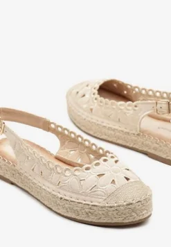 Beżowe Ażurowe Sandały Płaskie w Stylu Espardyli z Odkrytą Piętą i Plecionką Norilne