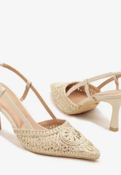 Beżowe Ażurowe Sandały Vices na Szpilce Typu Slingback Erathiela