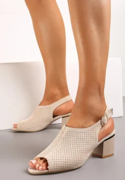 Beżowe Ażurowe Sandały z Wkładką ze Skóry Naturalnej na Słupku Isamarie