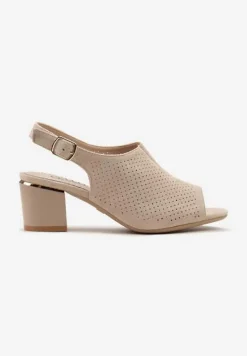 Beżowe Ażurowe Sandały z Wkładką ze Skóry Naturalnej na Słupku Isamarie
