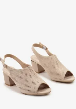 Beżowe Ażurowe Sandały z Wkładką ze Skóry Naturalnej na Słupku Isamarie