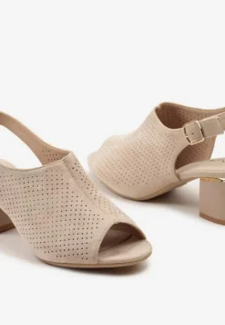 Beżowe Ażurowe Sandały z Wkładką ze Skóry Naturalnej na Słupku Isamarie