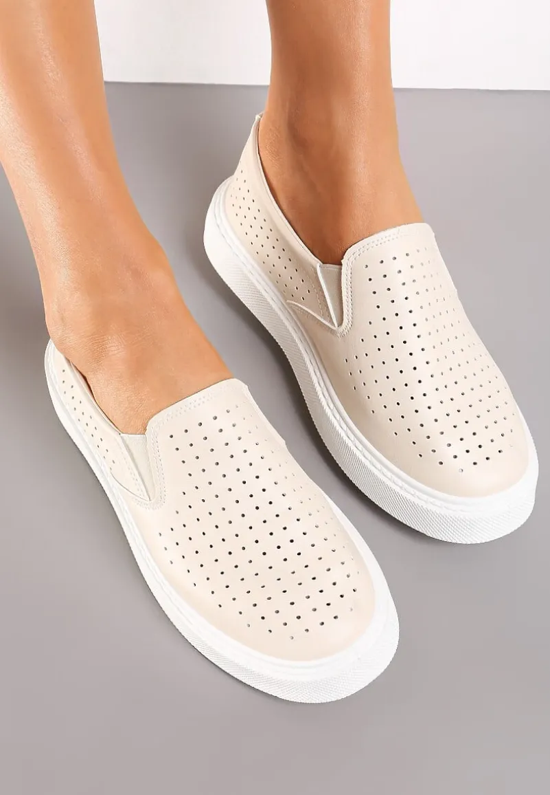 Beżowe Ażurowe Tenisówki Wsuwane na Platformie Biafa