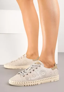 Beżowe Ażurowe Tenisówki z Ozdobnymi Przeszyciami przy Podeszwie Zarelle