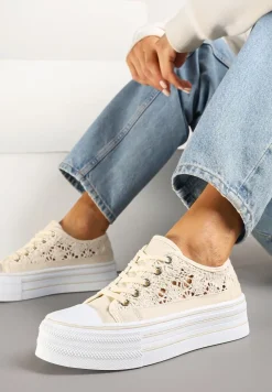 Beżowe Ażurowe Trampki na Platformie Felenna