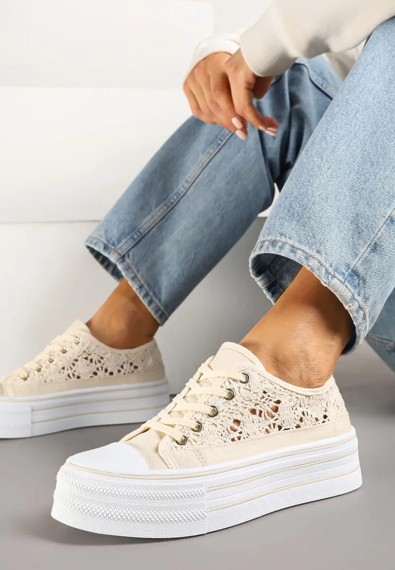 Beżowe Ażurowe Trampki na Platformie Felenna