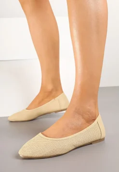 Beżowe Balerinki ze Skórzaną Wkładką i Siateczkową Cholewką Gonaviel