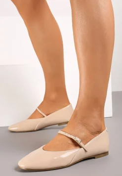 Beżowe Balerinki Mary Jane na Płaskiej Podeszwie z Paskami na Sprzączki Zinitia