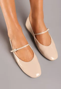 Beżowe Balerinki Mary Jane na Płaskiej Podeszwie z Paskami na Sprzączki Zinitia
