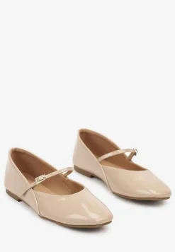 Beżowe Balerinki Mary Jane na Płaskiej Podeszwie z Paskami na Sprzączki Zinitia