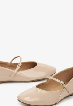 Beżowe Balerinki Mary Jane na Płaskiej Podeszwie z Paskami na Sprzączki Zinitia