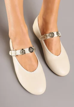 Beżowe Balerinki Mary Jane Ozdobione Paskiem Ovanne