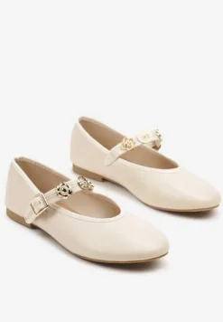 Beżowe Balerinki Mary Jane Ozdobione Paskiem Ovanne