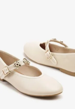 Beżowe Balerinki Mary Jane Ozdobione Paskiem Ovanne