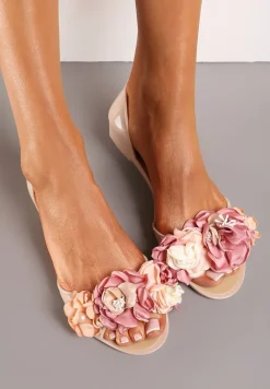 Beżowe Balerinki Meliski Peep Toe z Kwiatową Aplikacją Idalina