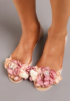 Beżowe Balerinki Meliski Peep Toe z Kwiatową Aplikacją Idalina