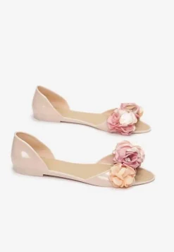 Beżowe Balerinki Meliski Peep Toe z Kwiatową Aplikacją Idalina