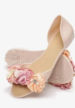 Beżowe Balerinki Meliski Peep Toe z Kwiatową Aplikacją Idalina