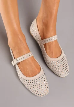 Beżowe Balerinki na Płaskiej Podeszwie Ozdobione Cyrkoniami i Regulowanym Paskem Nenivia