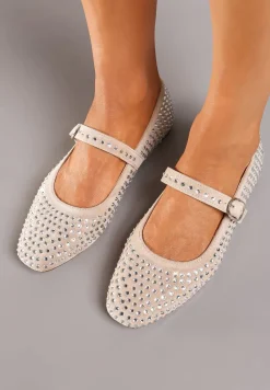 Beżowe Balerinki na Płaskiej Podeszwie Ozdobione Cyrkoniami i Regulowanym Paskem Nenivia