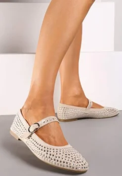 Beżowe Balerinki na Płaskiej Podeszwie Ozdobione Cyrkoniami i Regulowanym Paskem Nenivia