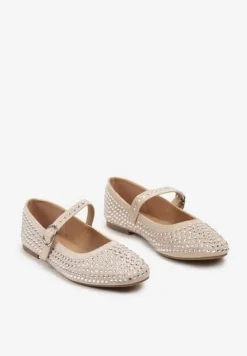 Beżowe Balerinki na Płaskiej Podeszwie Ozdobione Cyrkoniami i Regulowanym Paskem Nenivia
