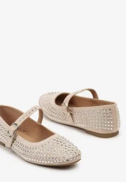 Beżowe Balerinki na Płaskiej Podeszwie Ozdobione Cyrkoniami i Regulowanym Paskem Nenivia