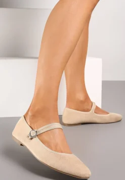 Beżowe Balerinki na Płaskiej Podeszwie z Ozdobnym Paskiem Rishara