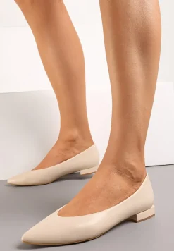 Beżowe Balerinki na Płaskim Słupku ze Szpiczastym Noskiem Kaitli