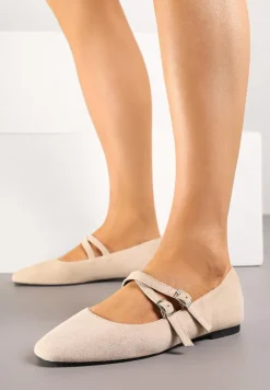 Beżowe Balerinki o Kwadratowym Nosku z Paskami i Eleganckimi Klamerkami Nailan