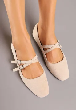 Beżowe Balerinki o Kwadratowym Nosku z Paskami i Eleganckimi Klamerkami Nailan
