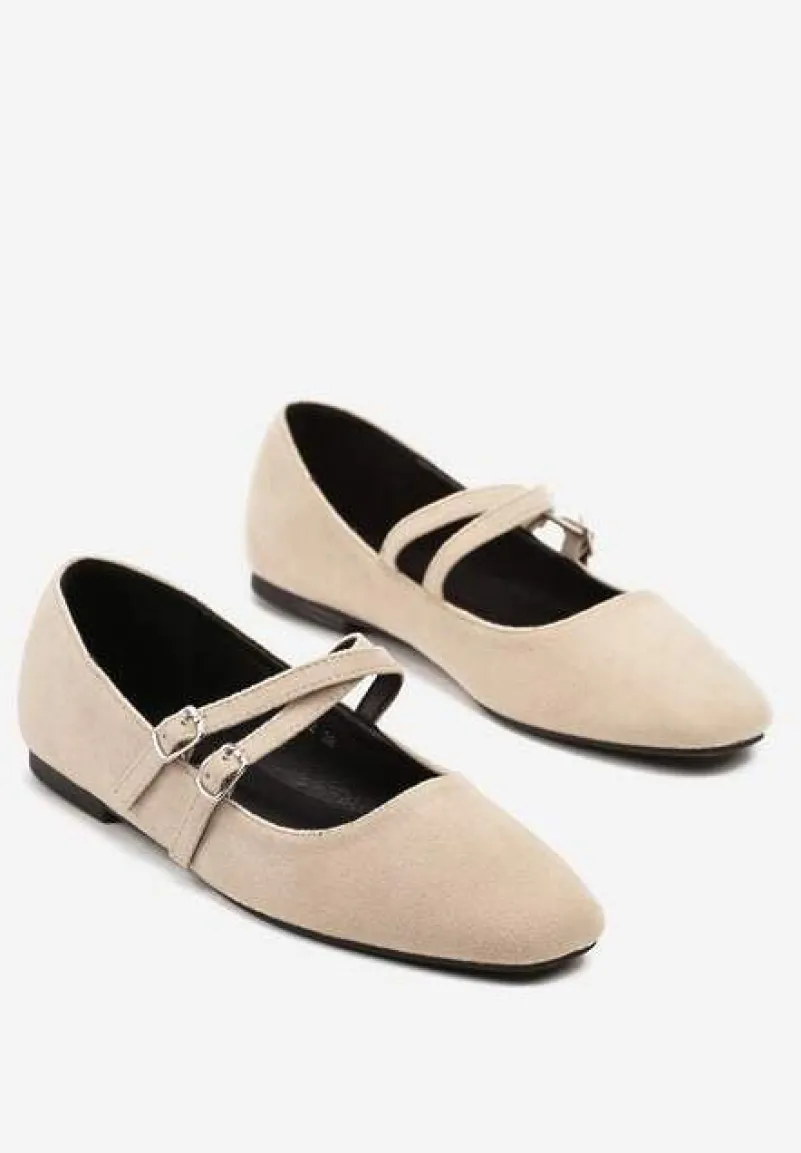 Beżowe Balerinki o Kwadratowym Nosku z Paskami i Eleganckimi Klamerkami Nailan