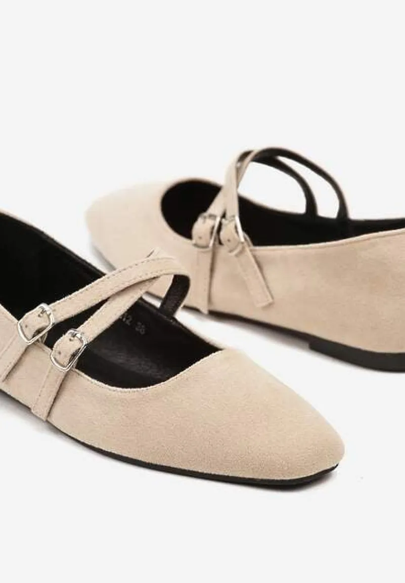 Beżowe Balerinki o Kwadratowym Nosku z Paskami i Eleganckimi Klamerkami Nailan