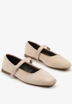 Beżowe Balerinki o Kwadratowym Nosku w Stylu Mary Jane z Paseczkiem Naiva