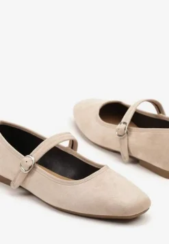 Beżowe Balerinki o Kwadratowym Nosku w Stylu Mary Jane z Paseczkiem Naiva