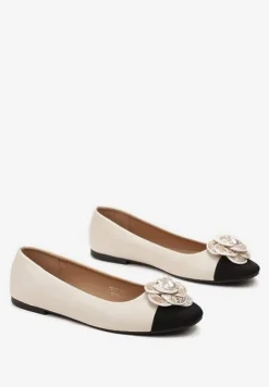 Beżowe Balerinki Ozdobione Kwiatkiem 3D i Perłą Ethere