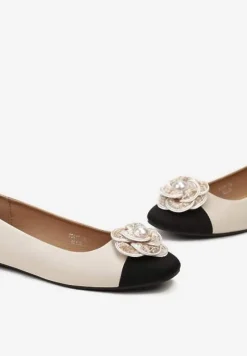 Beżowe Balerinki Ozdobione Kwiatkiem 3D i Perłą Ethere