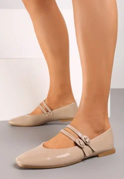 Beżowe Balerinki Płaskie Lakierowane z Paskami na Sprzączkę i Kwadratowym Noskiem Mailene