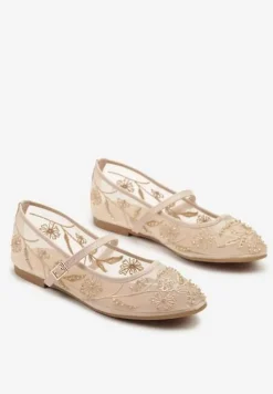 Beżowe Balerinki Siateczkowe z Haftami i Sprzączką Diviaria