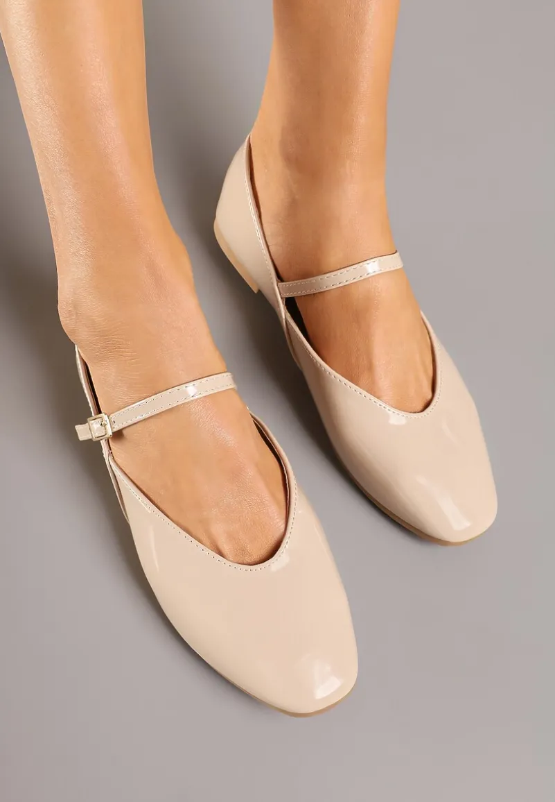 Beżowe Balerinki Vices z Paseczkiem ze Sprzączką i Ozdobnym Przeszyciem Desorila