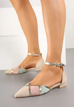 Beżowe Balerinki w Stylu Czółenek z Geometrycznym Metalicznym Wzorem Selorina