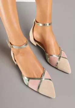 Beżowe Balerinki w Stylu Czółenek z Geometrycznym Metalicznym Wzorem Selorina