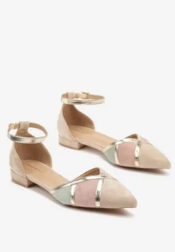 Beżowe Balerinki w Stylu Czółenek z Geometrycznym Metalicznym Wzorem Selorina