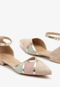Beżowe Balerinki w Stylu Czółenek z Geometrycznym Metalicznym Wzorem Selorina