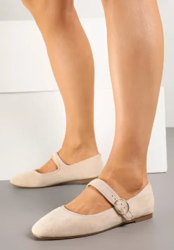 Beżowe Balerinki w Stylu Mary Jane z Imitacji Zamszu Lisalira